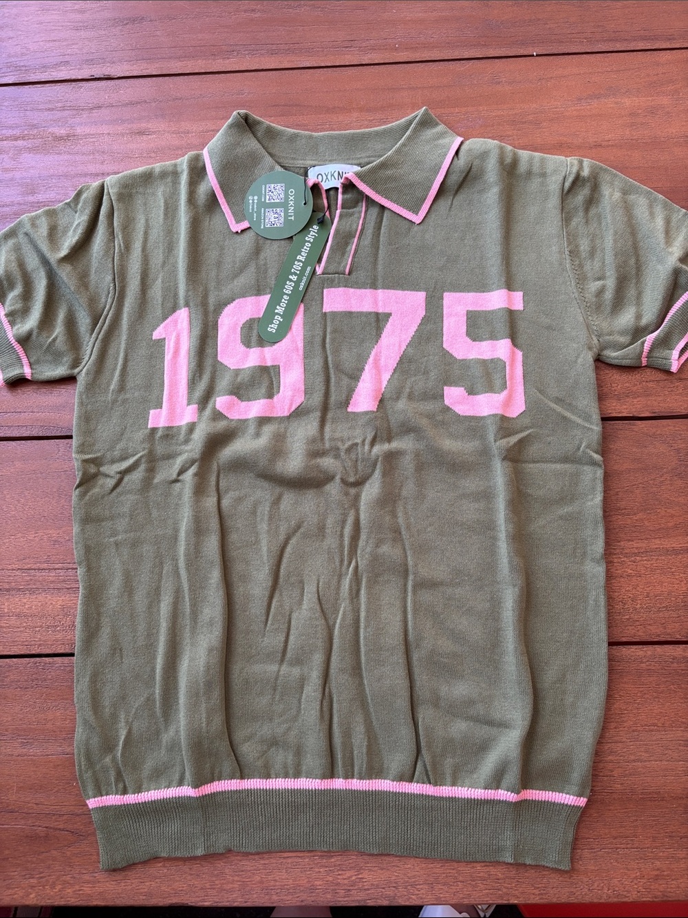 NEW 1975 Knit Polo Tee in Olive with Pink Trim